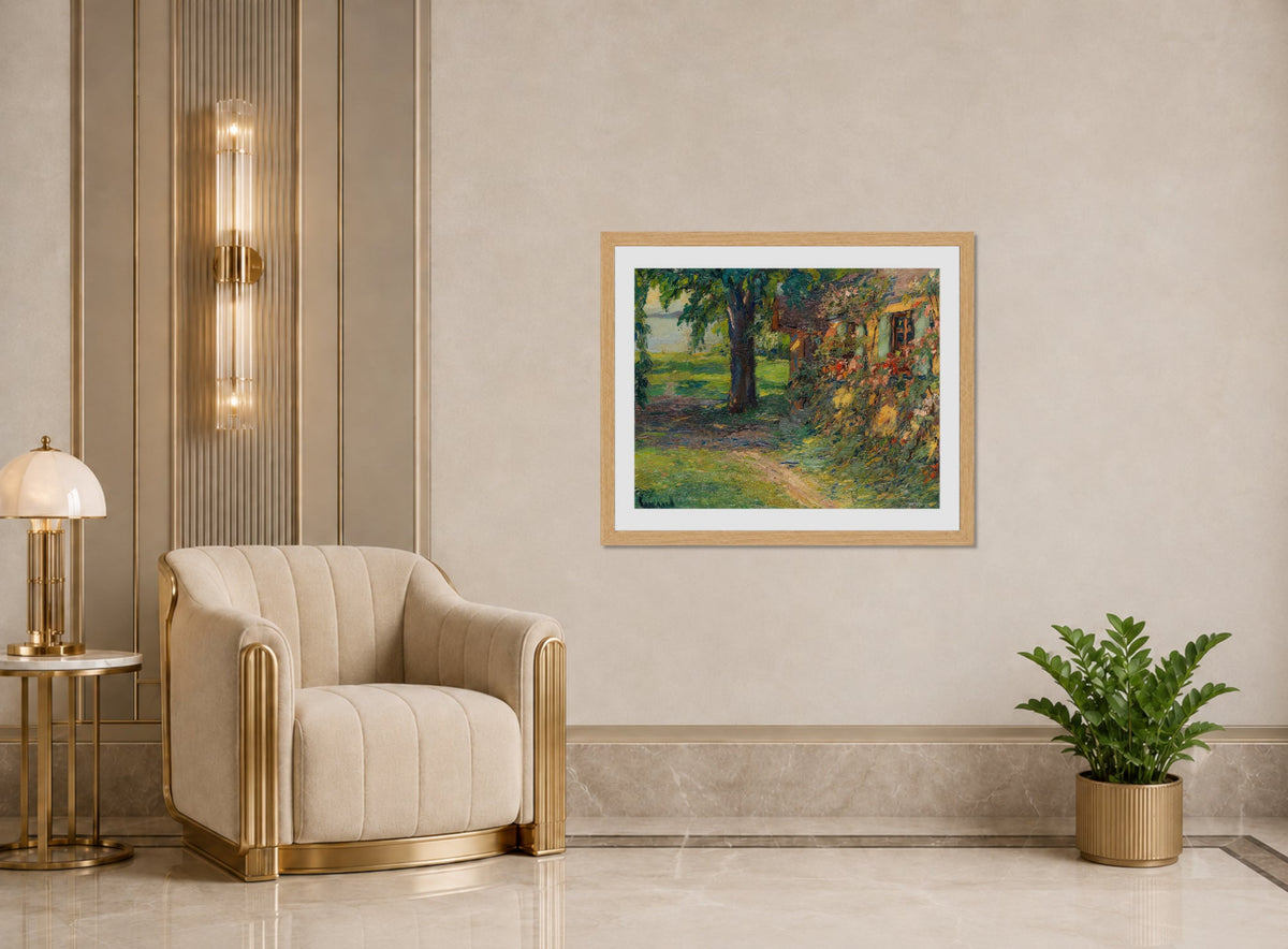 Edward Cucuel Print, The artist’s house on Lake Starnberg (1920) displayed in an Art Deco interior