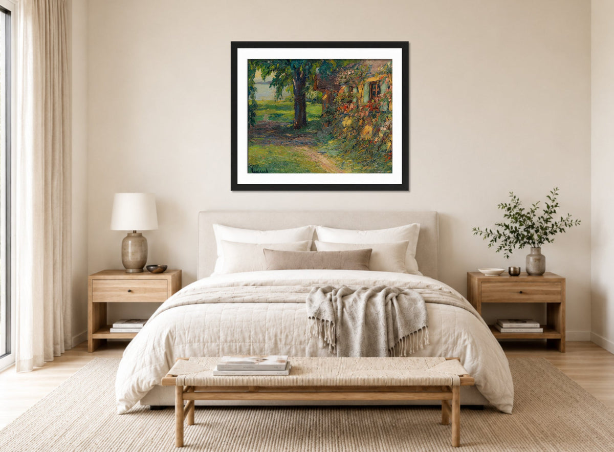 Edward Cucuel Print, The artist’s house on Lake Starnberg (1920) displayed above a bed