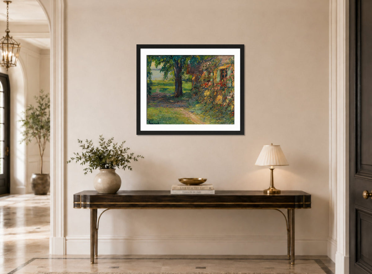 Edward Cucuel Print, The artist’s house on Lake Starnberg (1920) displayed above a console table