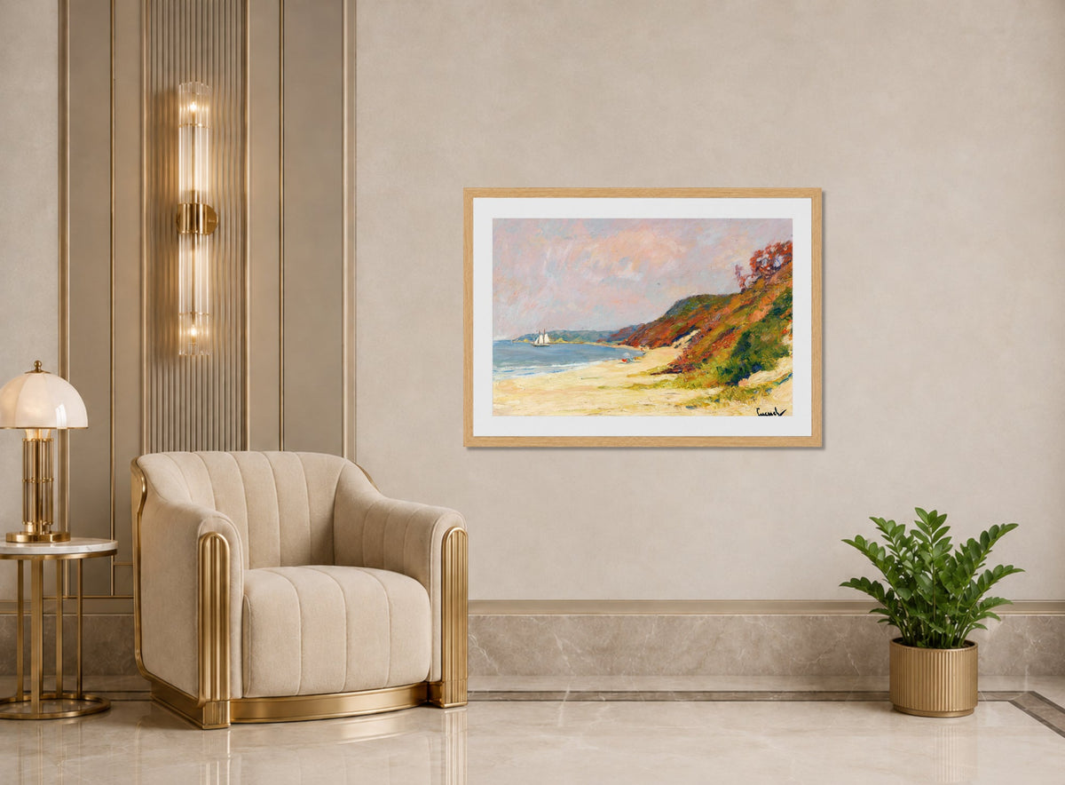 Edward Cucuel Print, The Beach at Rocky Point, Long Island (1930) displayed in an Art Deco interior