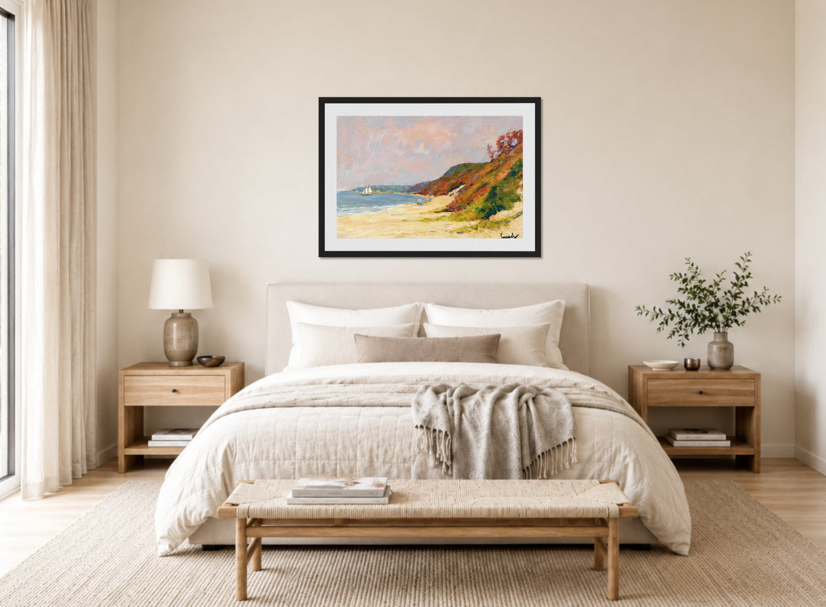 Edward Cucuel Print, The Beach at Rocky Point, Long Island (1930) displayed above a bed