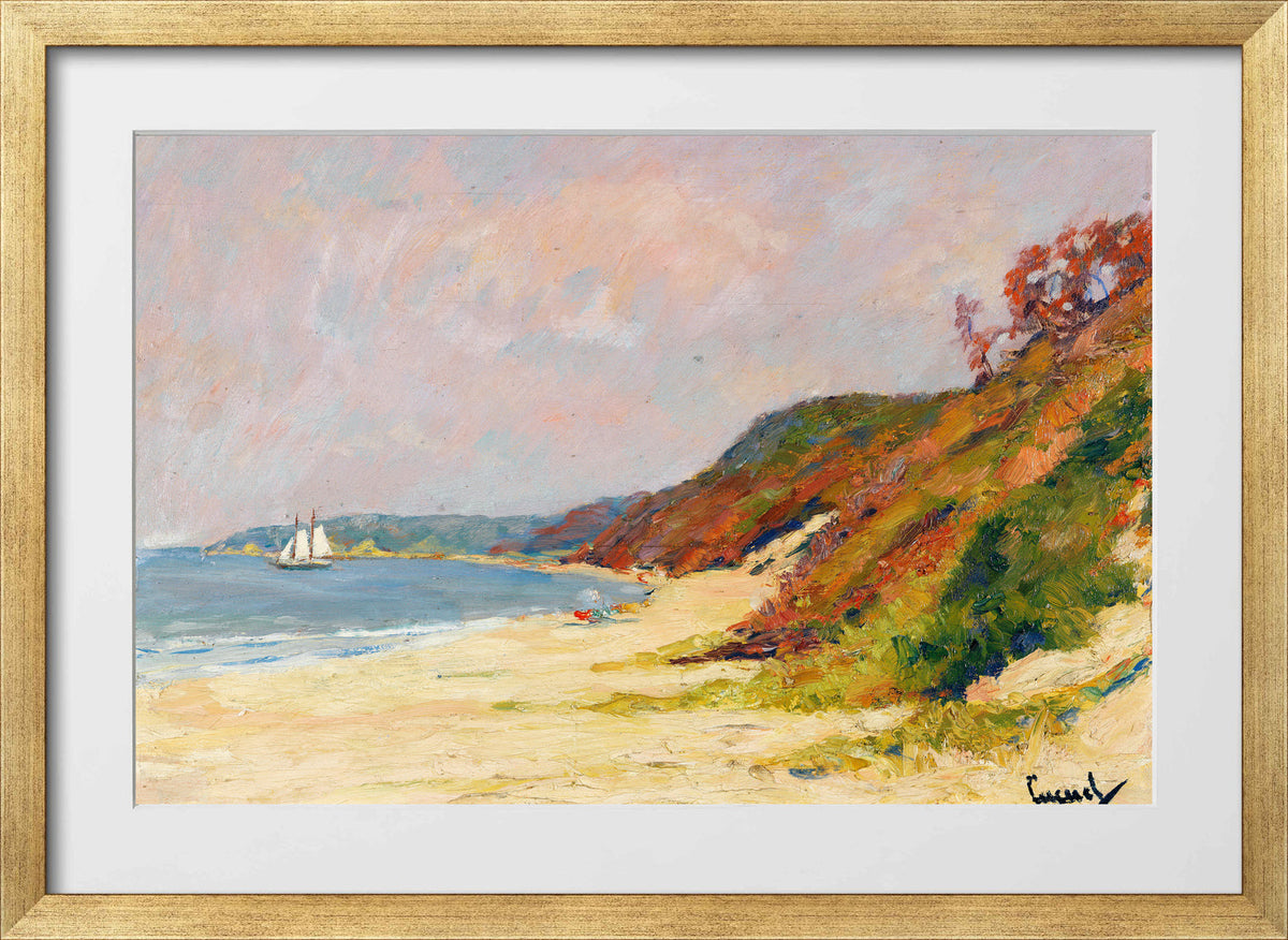 Edward Cucuel Print, The Beach at Rocky Point, Long Island (1930) in a gold frame