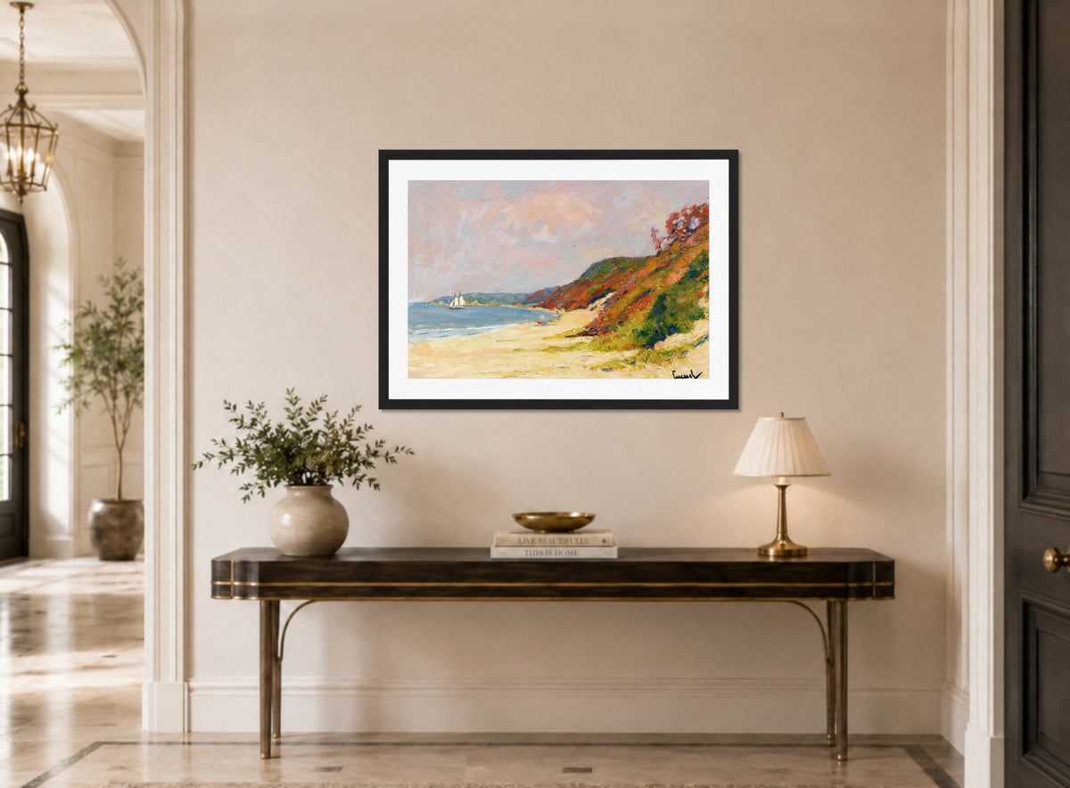 Edward Cucuel Print, The Beach at Rocky Point, Long Island (1930) displayed above a console table