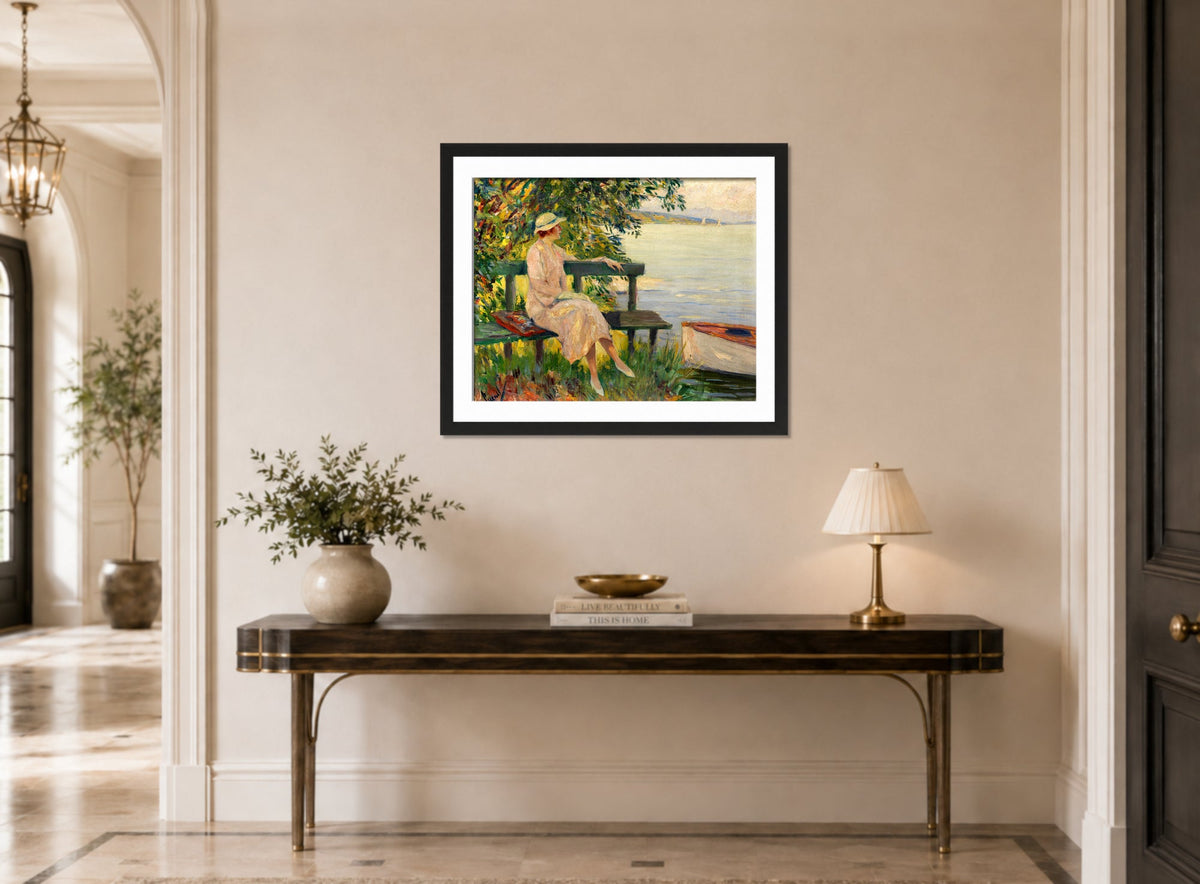 Edward Cucuel Print, The green bench (1920) displayed above a console table
