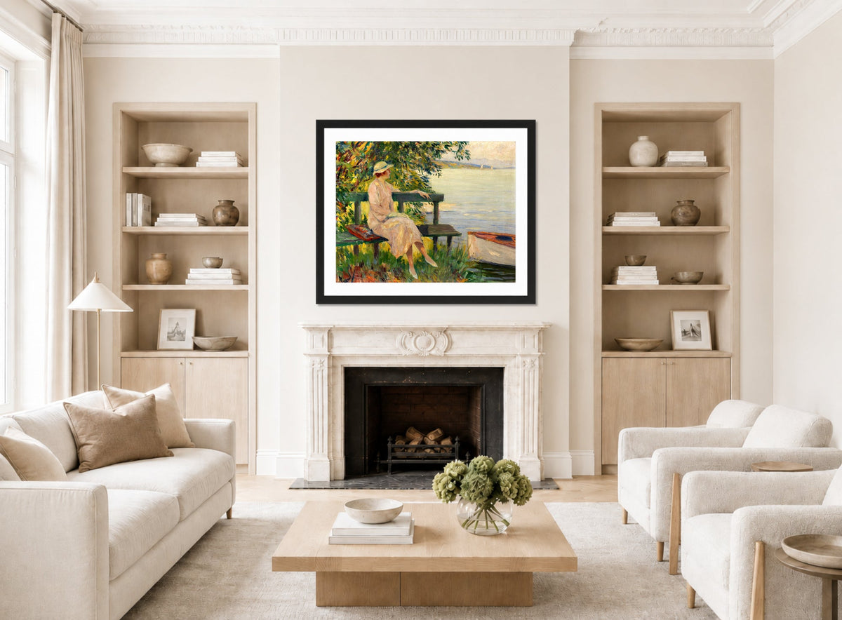 Edward Cucuel Print, The green bench (1920) displayed in a Scandinavian living room