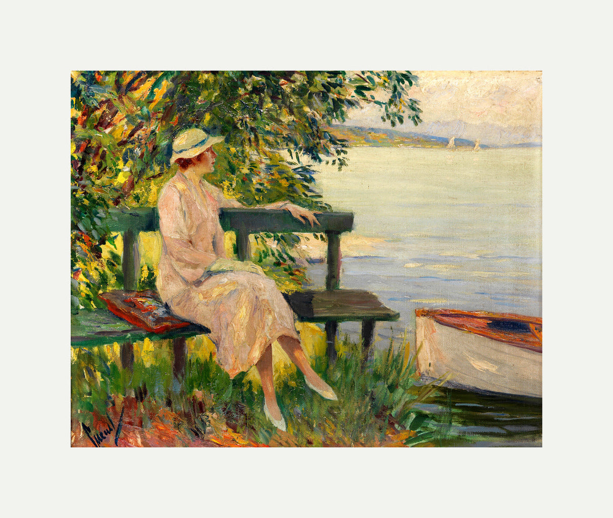 Edward Cucuel Print, The green bench (1920) with an off-white border for rolled canvas