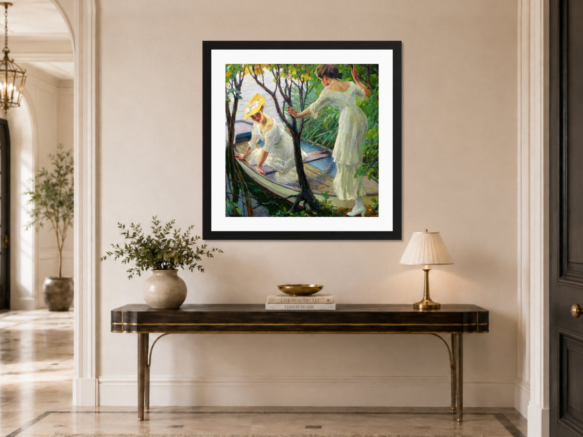 Edward Cucuel Print, Two ladies in a boat (1910) displayed above a console table