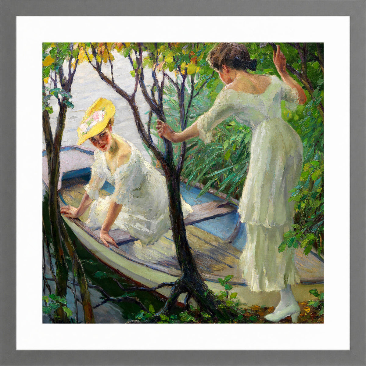 Edward Cucuel Print, Two ladies in a boat (1910) in a light grey frame