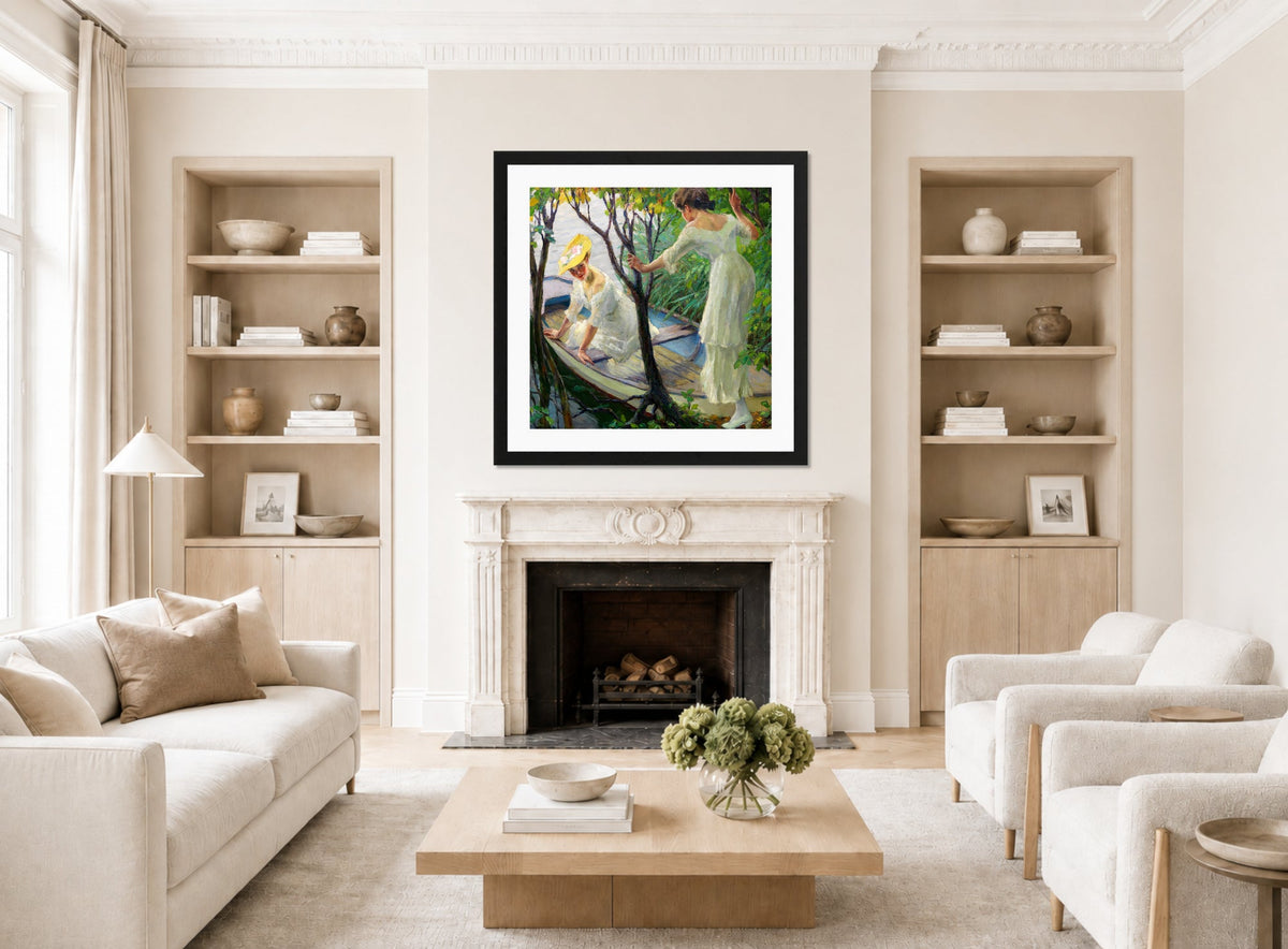 Edward Cucuel Print, Two ladies in a boat (1910) displayed in a Scandinavian living room