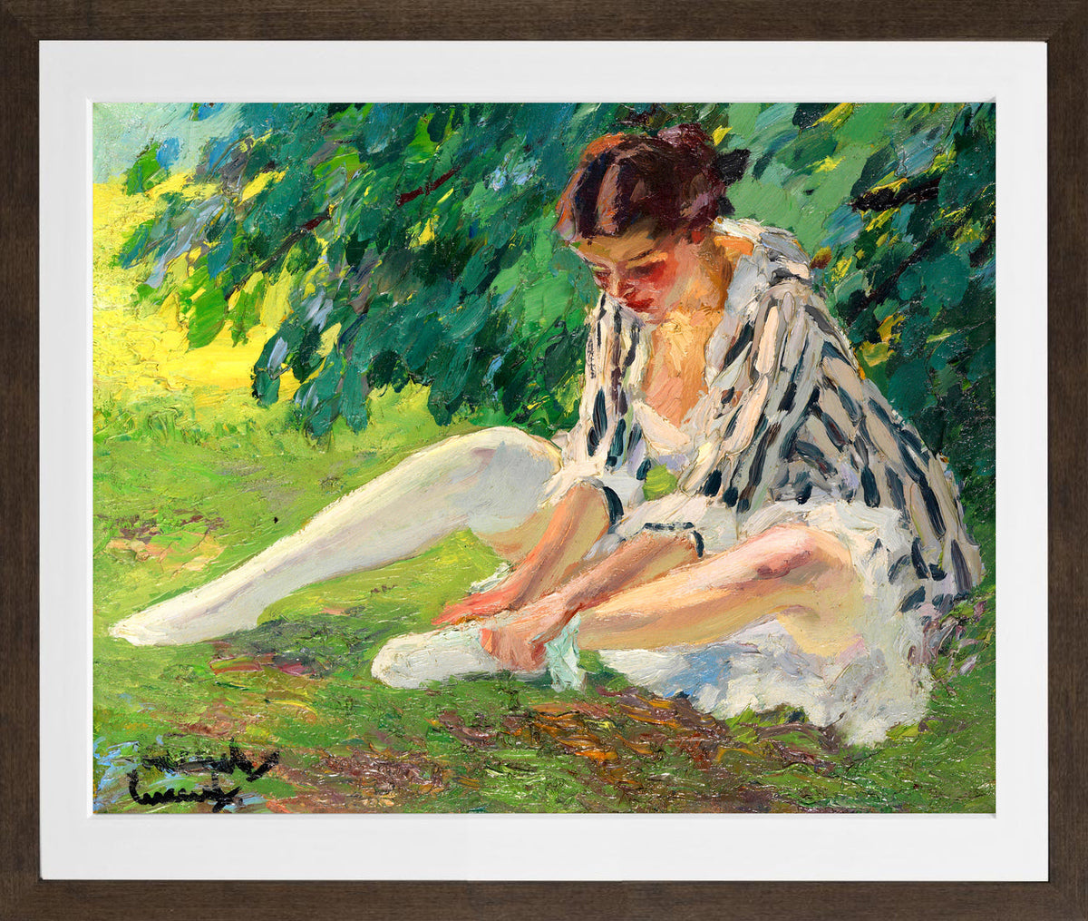 Edward Cucuel Print, Undressing (sitting in the grass) (1910) in a brown frame