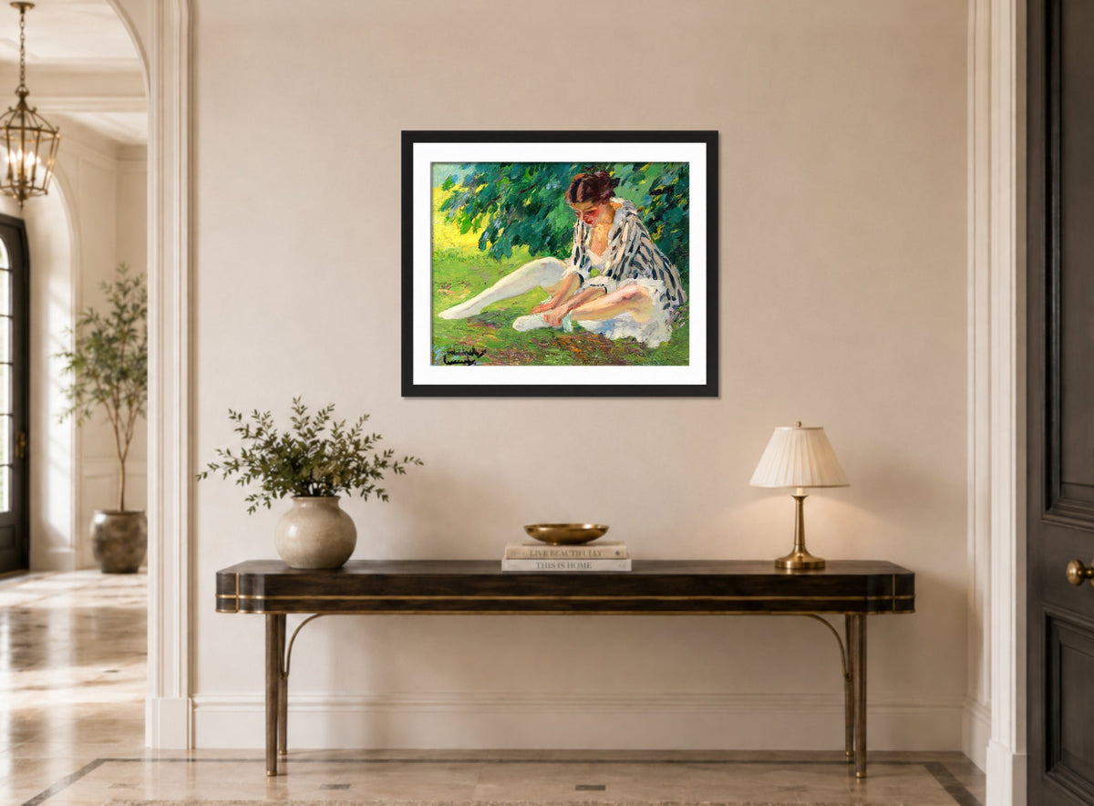 Edward Cucuel Print, Undressing (sitting in the grass) (1910) displayed above a console table