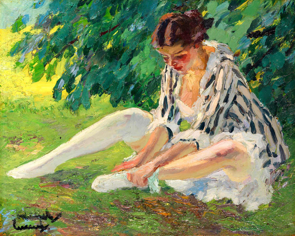 Edward Cucuel Print, Undressing (sitting in the grass) (1910) as an unframed print