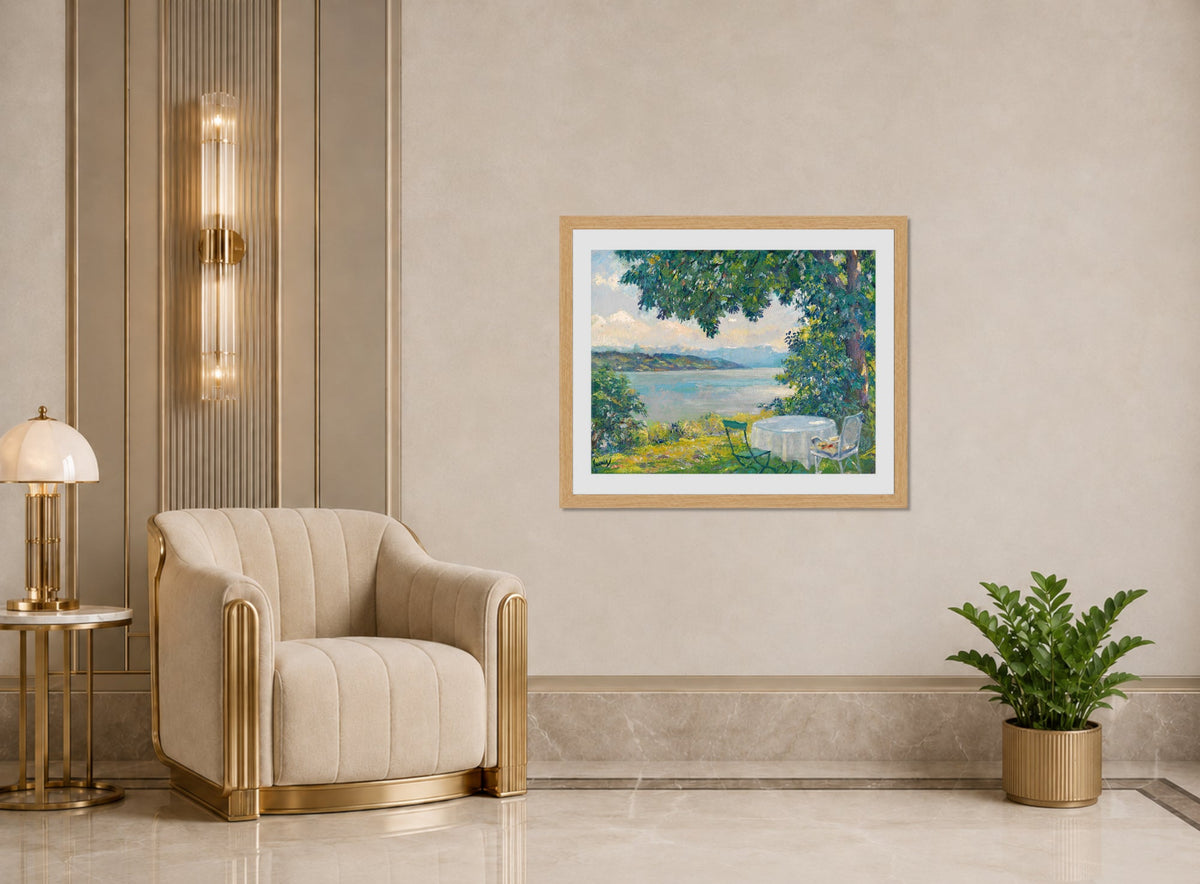 Edward Cucuel Print, View of Lake Starnberg (1920-30) displayed in an Art Deco interior