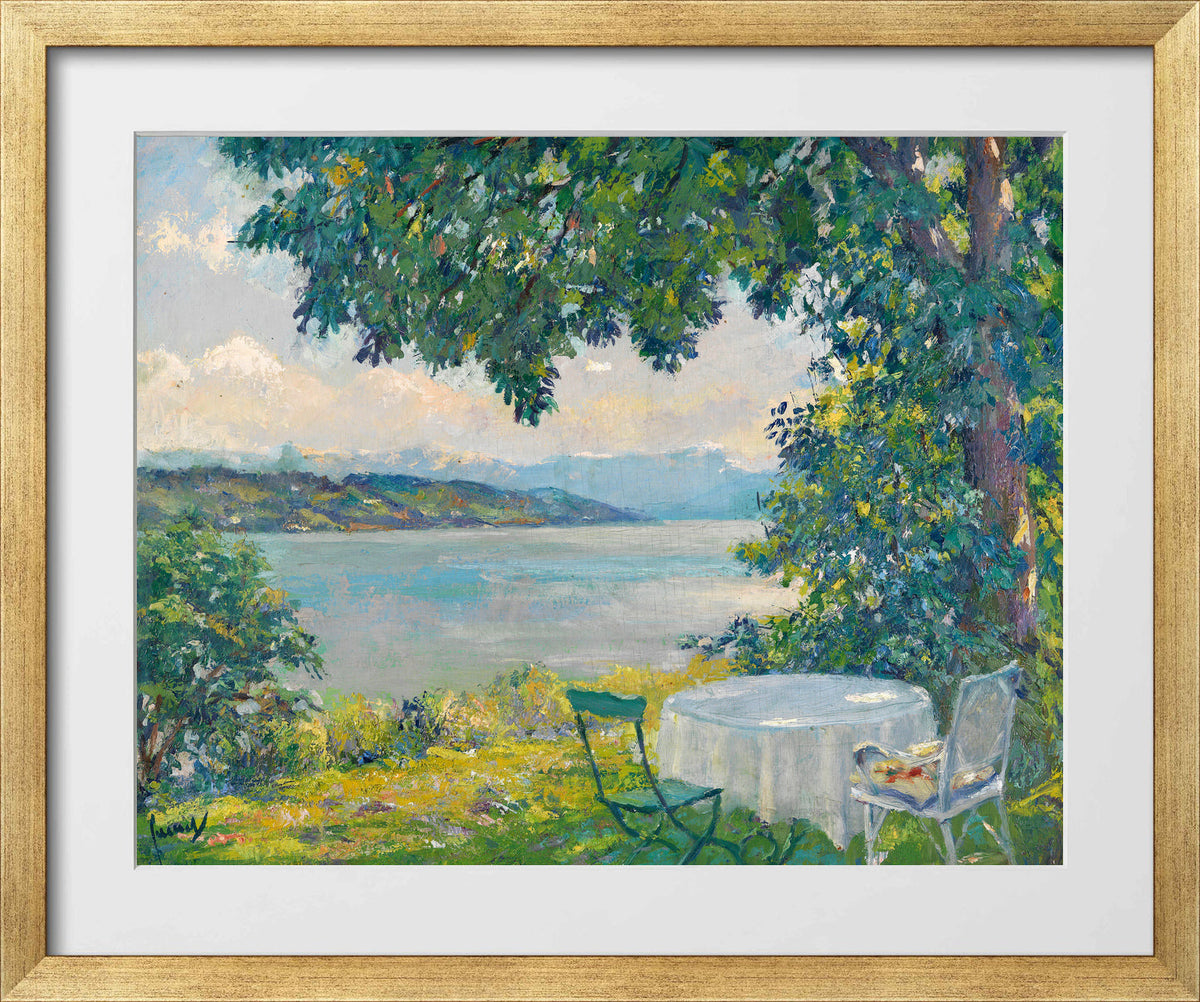 Edward Cucuel Print, View of Lake Starnberg (1920-30) in a gold frame