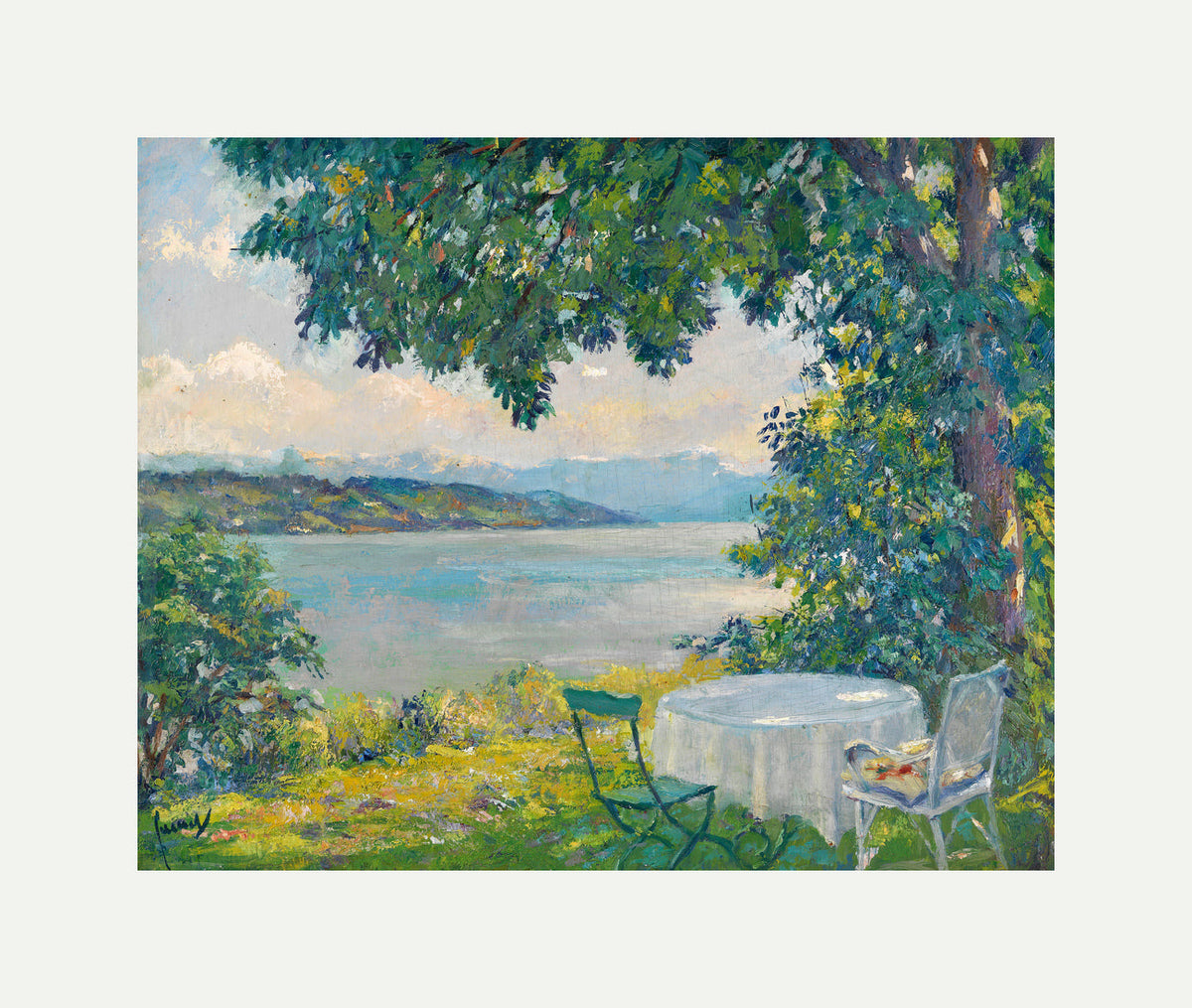Edward Cucuel Print, View of Lake Starnberg (1920-30) with an off-white border for rolled canvas