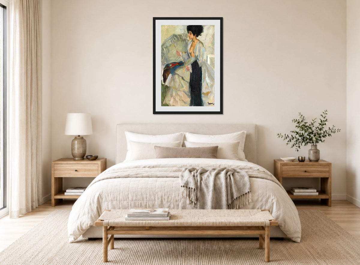 Edward Cucuel Print, Woman in the studio (1915) displayed above a bed