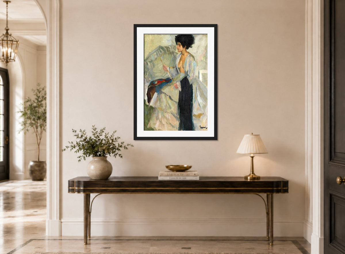 Edward Cucuel Print, Woman in the studio (1915) displayed above a console table