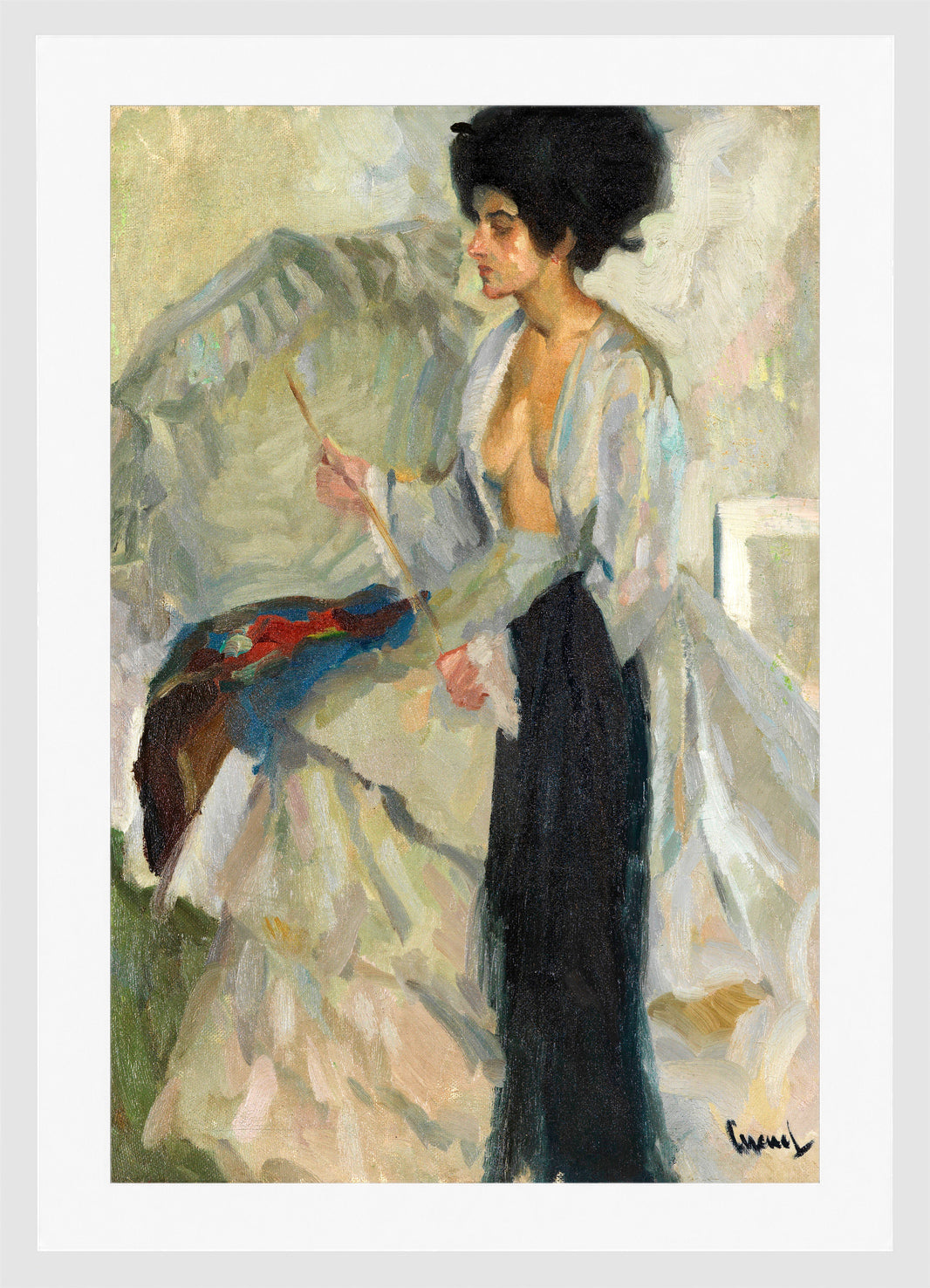 Edward Cucuel Print, Woman in the studio (1915) in a white frame