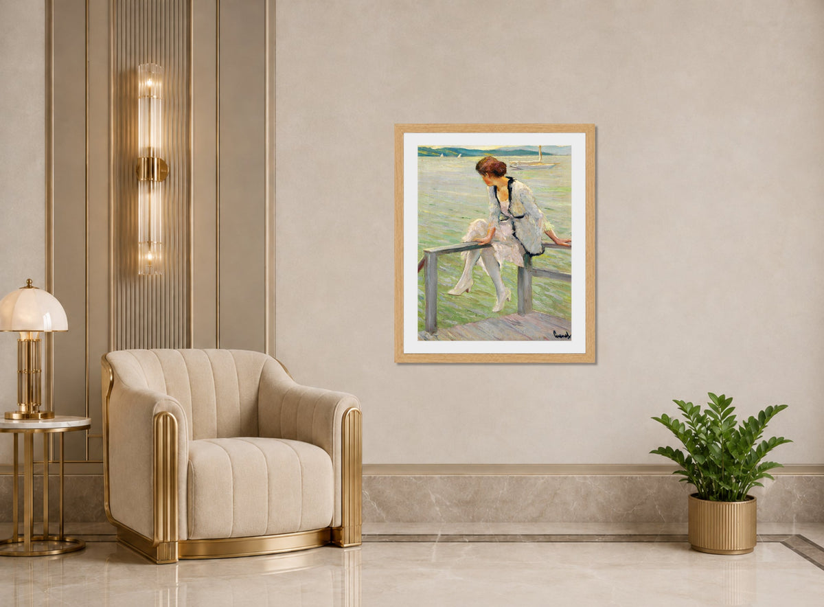 Edward Cucuel Print, Young woman at Lake Starnberg (1915-1920) displayed in an Art Deco interior