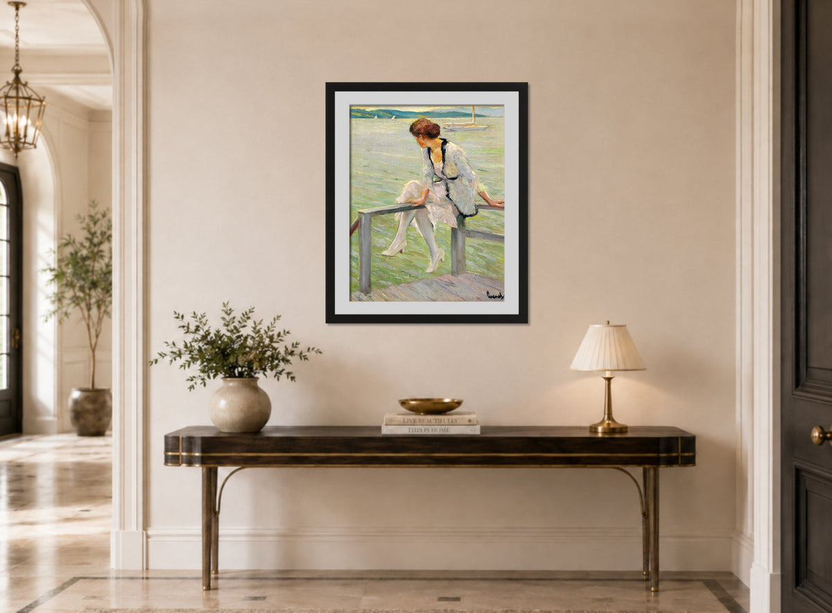 Edward Cucuel Print, Young woman at Lake Starnberg (1915-1920) displayed above a console table
