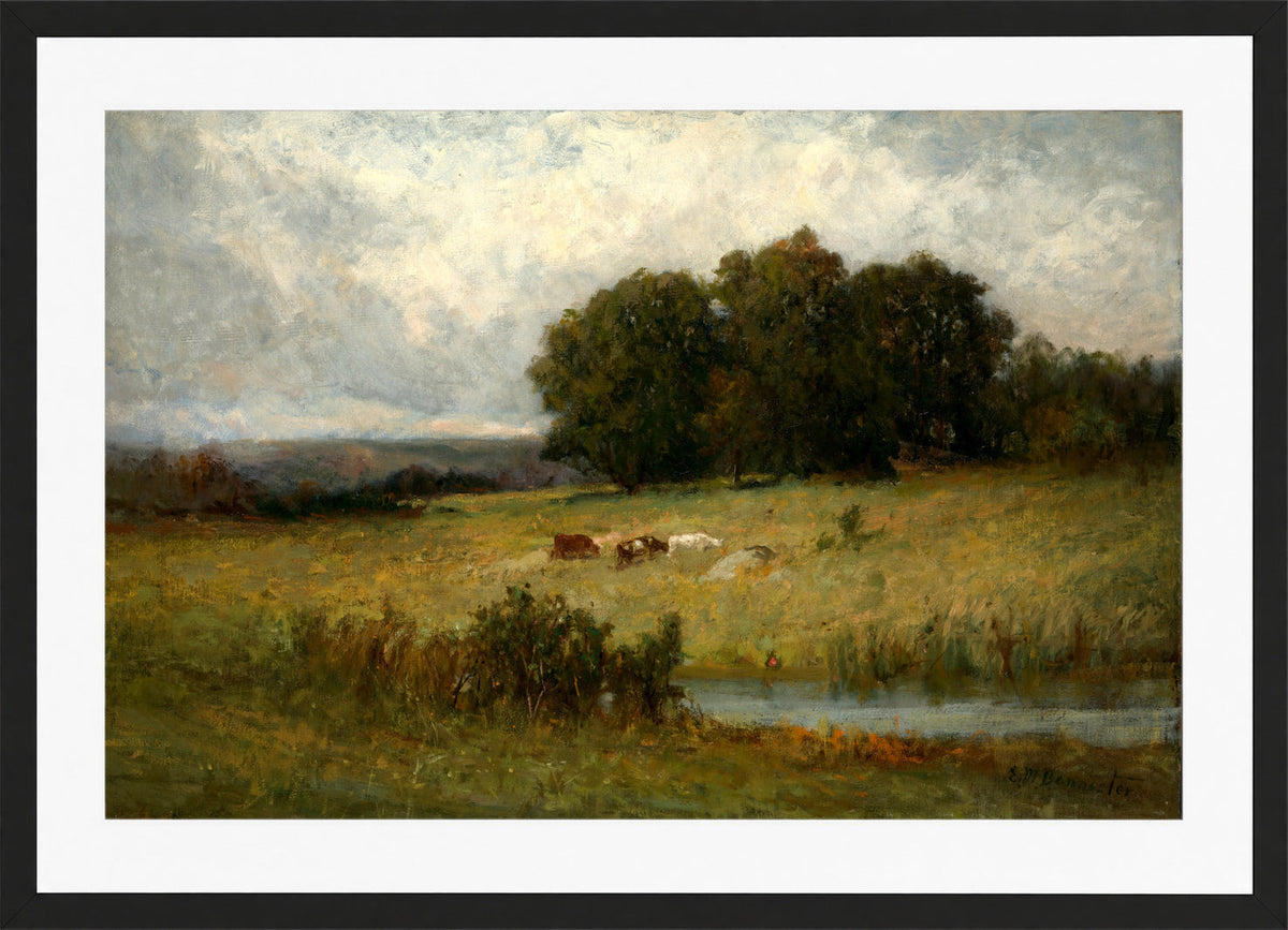 Edward Mitchell Bannister Print, Bright Scene of Cattle near Stream — black frame