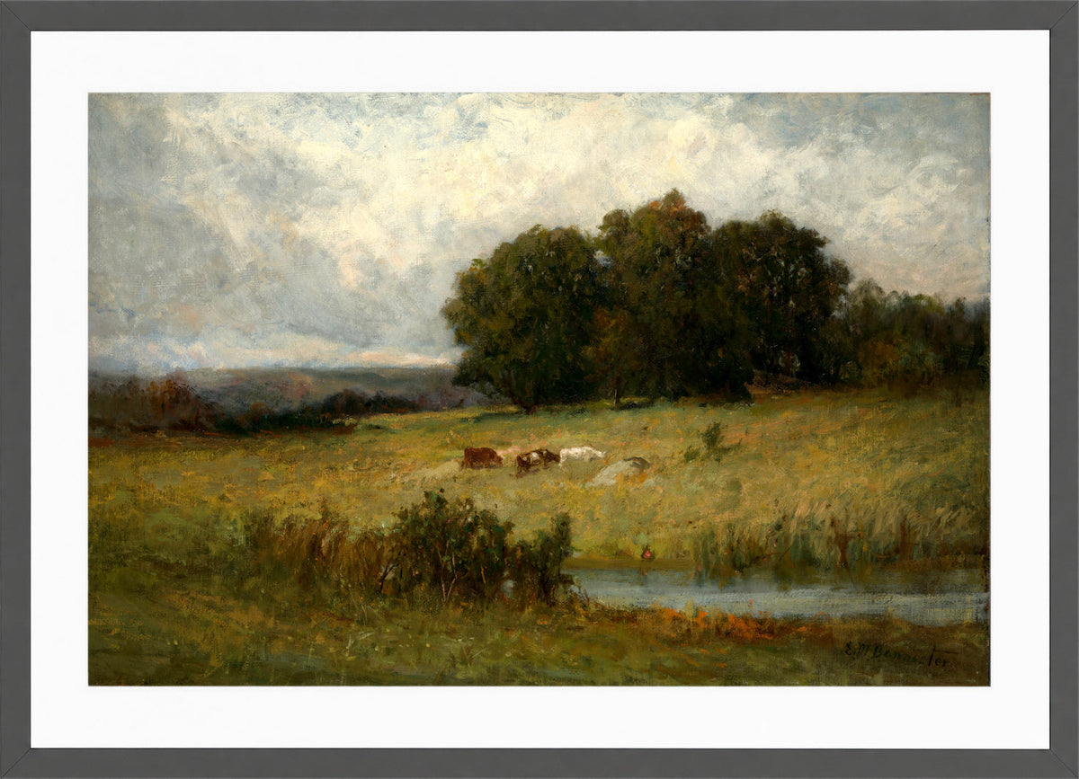 Edward Mitchell Bannister Print, Bright Scene of Cattle near Stream — dark grey frame