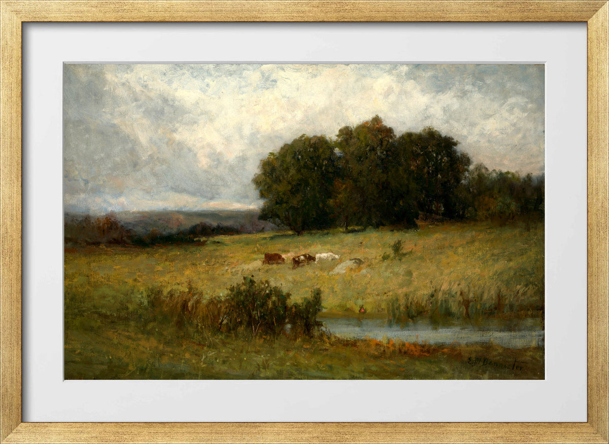 Edward Mitchell Bannister Print, Bright Scene of Cattle near Stream — gold frame