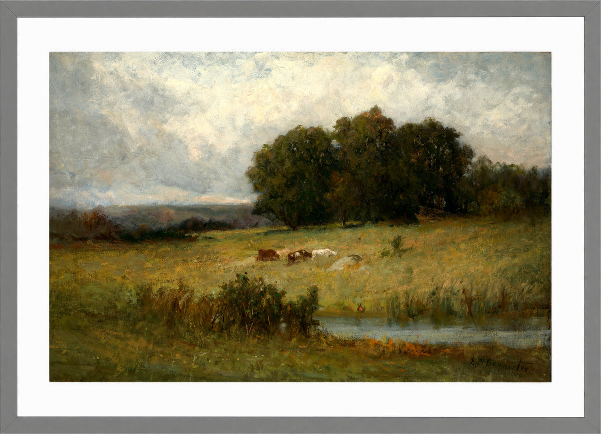 Edward Mitchell Bannister Print, Bright Scene of Cattle near Stream — light grey frame