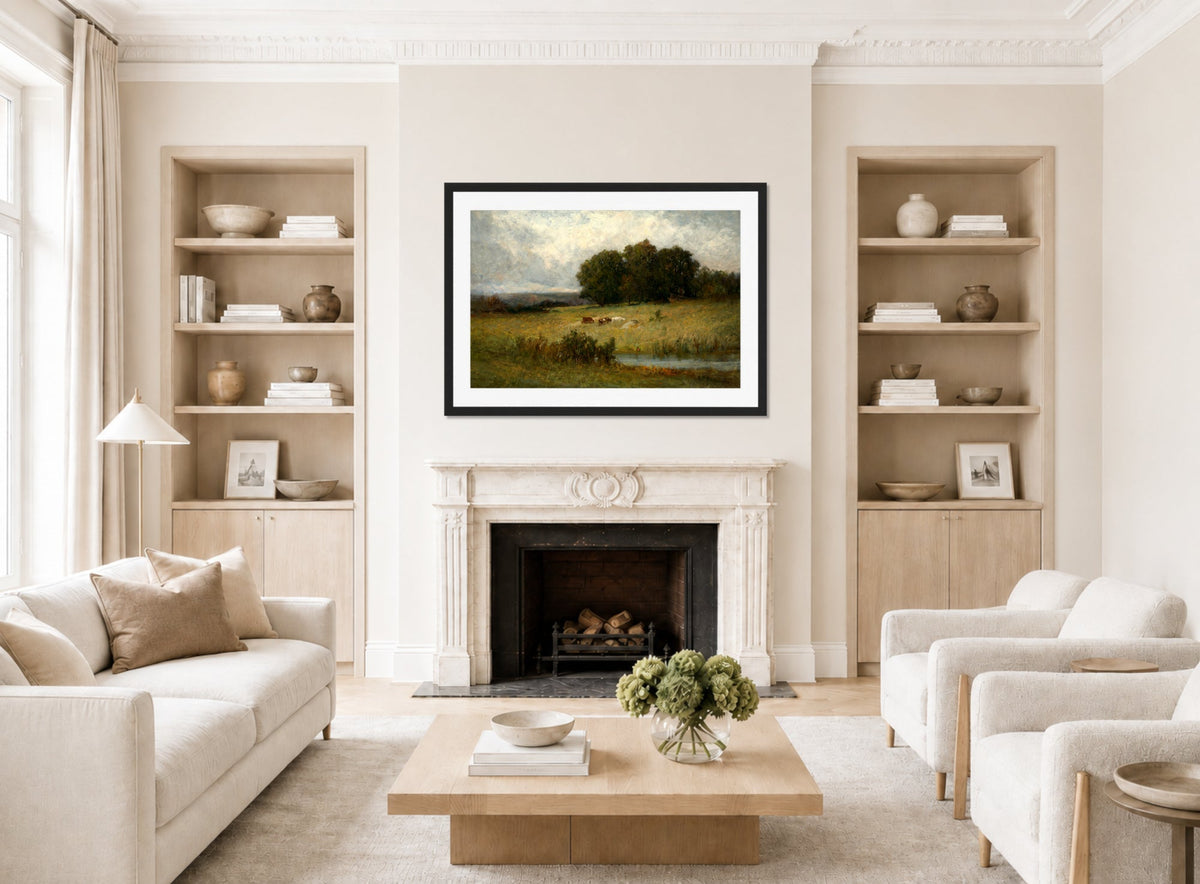 Edward Mitchell Bannister Print, Bright Scene of Cattle near Stream — living room roomset