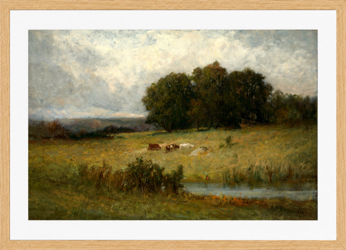 Edward Mitchell Bannister Print, Bright Scene of Cattle near Stream — oak frame