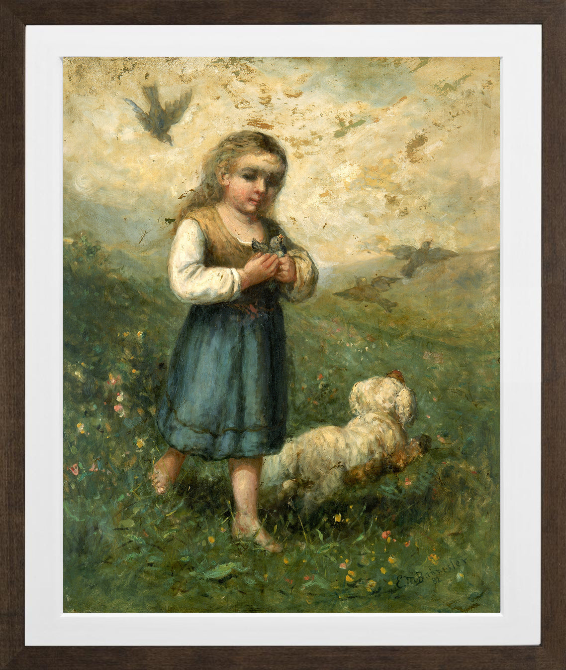 Edward Mitchell Bannister Print, Child with Birds and Dog (1882) — brown frame
