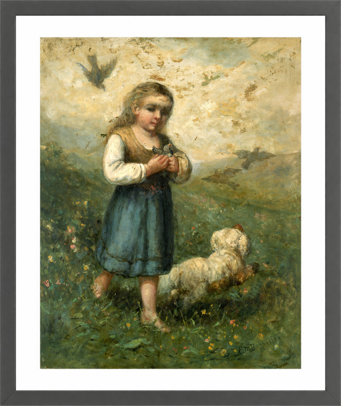 Edward Mitchell Bannister Print, Child with Birds and Dog (1882) — dark grey frame