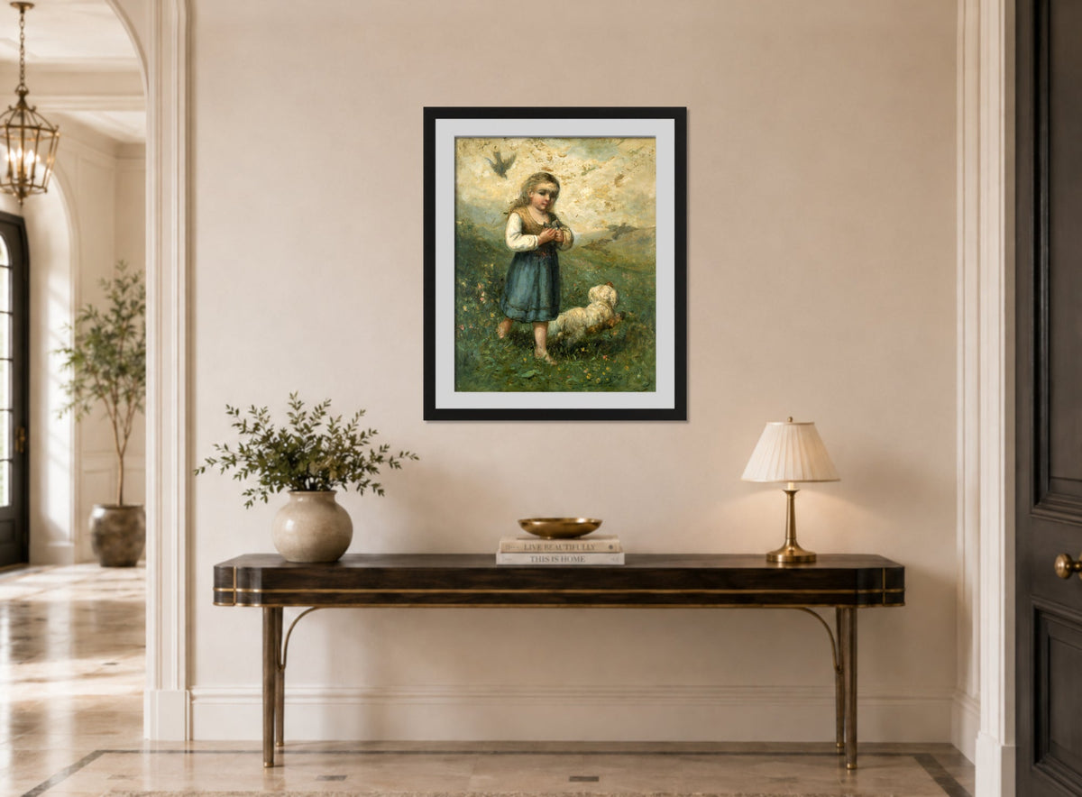 Edward Mitchell Bannister Print, Child with Birds and Dog (1882) — hallway
