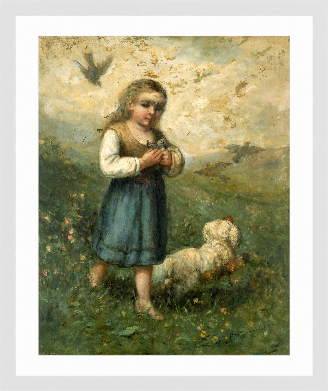 Edward Mitchell Bannister Print, Child with Birds and Dog (1882) — white frame