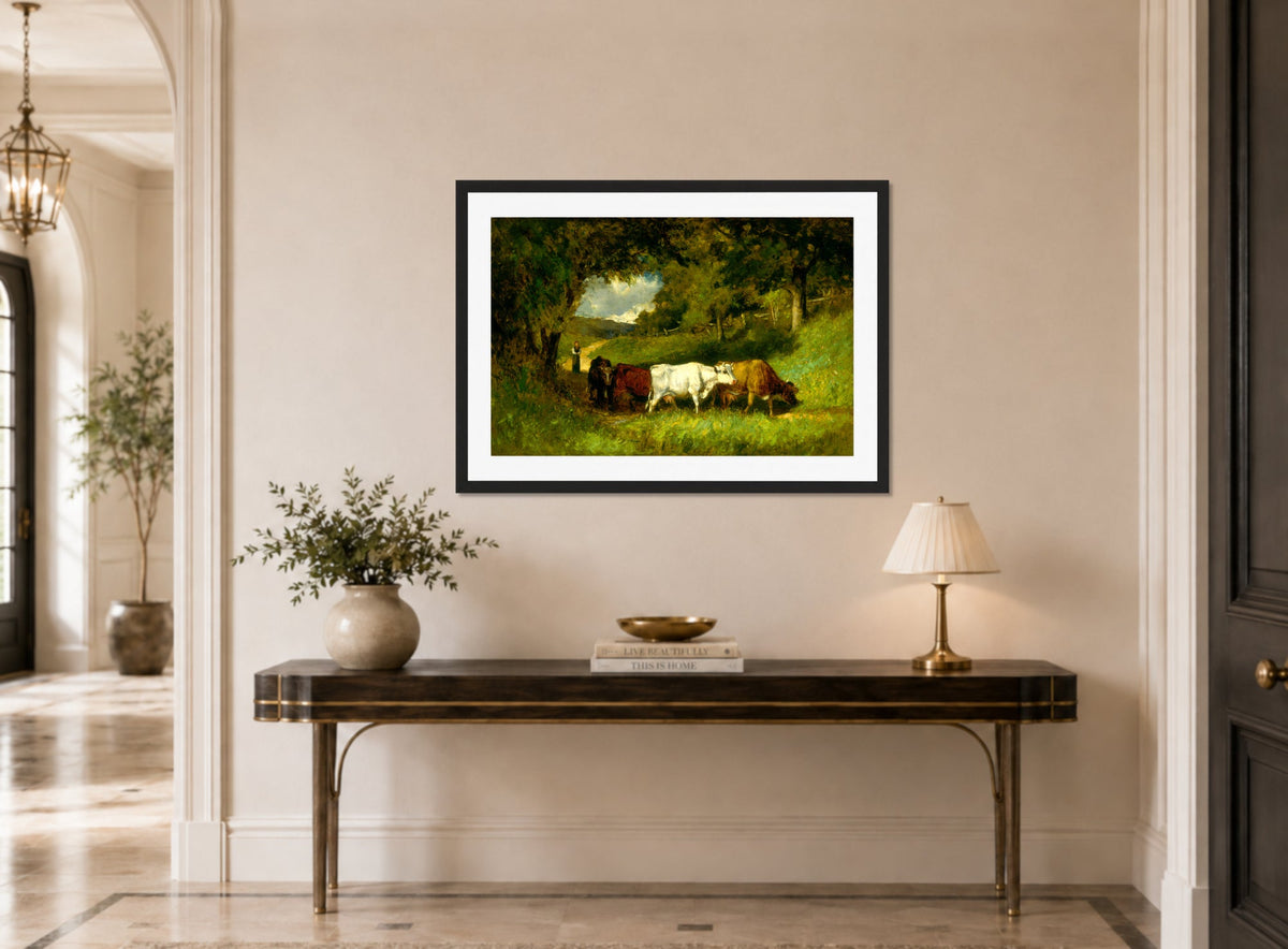 Edward Mitchell Bannister Print, Driving Home the Cows (1881) — hallway
