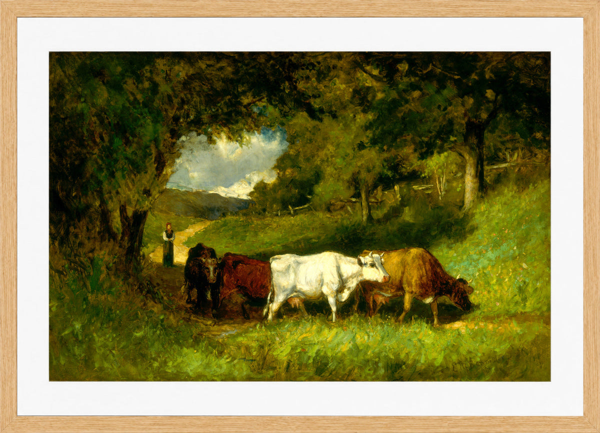 Edward Mitchell Bannister Print, Driving Home the Cows (1881) — oak frame