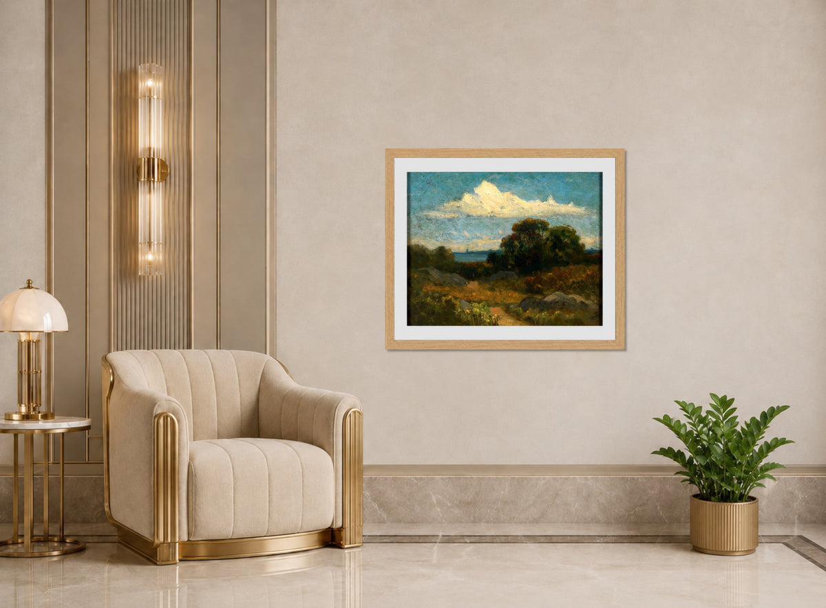 Edward Mitchell Bannister Print, Landscape (Trees and Rocks by a Lake) — art deco roomset