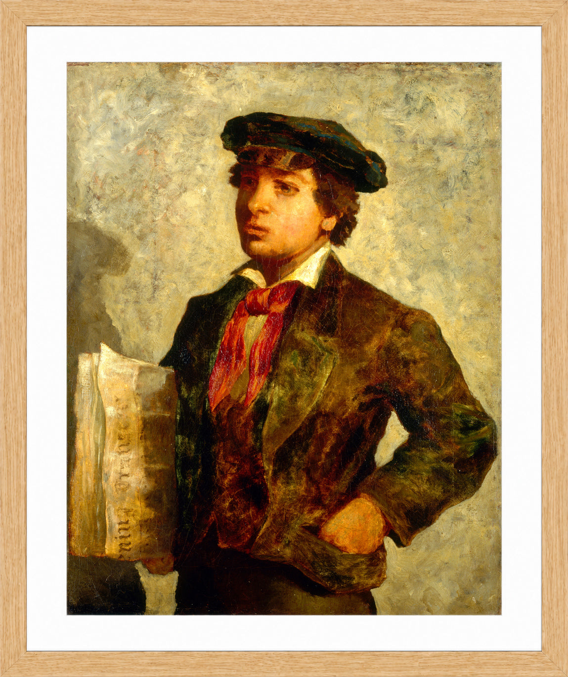 Edward Mitchell Bannister Print, Newspaper Boy (1869) — oak frame