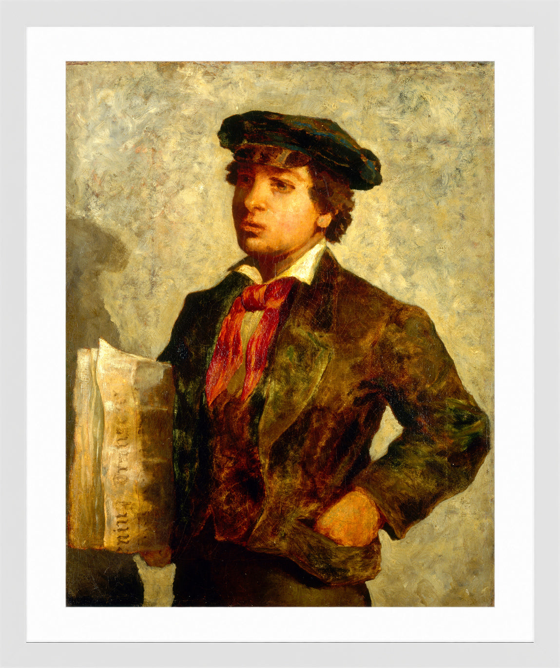 Edward Mitchell Bannister Print, Newspaper Boy (1869) — white frame