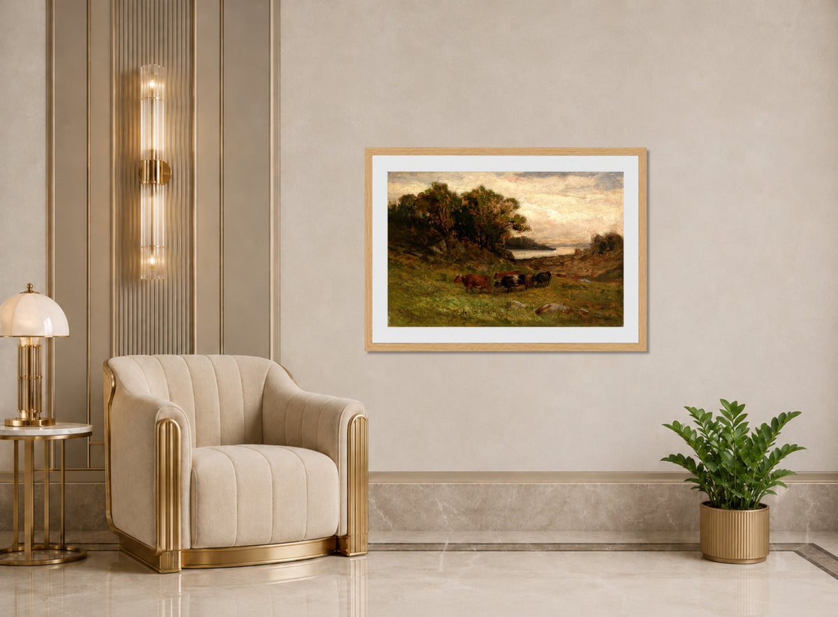 Edward Mitchell Bannister Print, Untitled (Five Cows by Trees and River) — art deco roomset