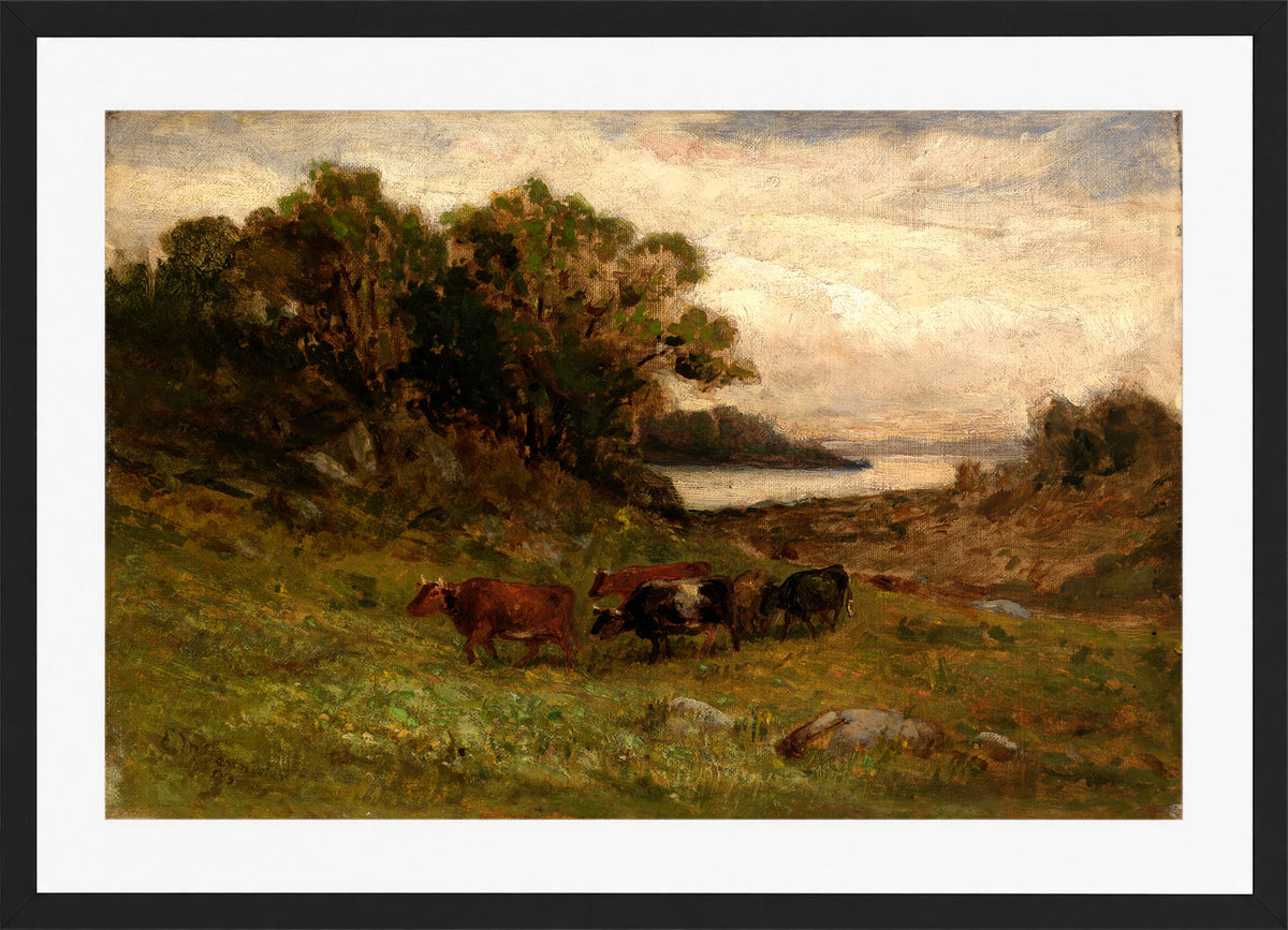 Edward Mitchell Bannister Print, Untitled (Five Cows by Trees and River) — black frame