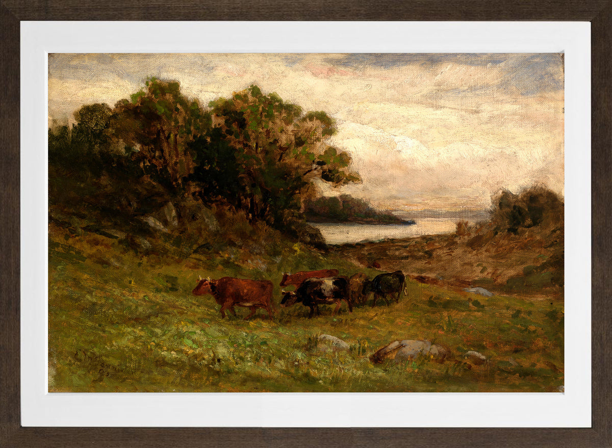 Edward Mitchell Bannister Print, Untitled (Five Cows by Trees and River) — brown frame