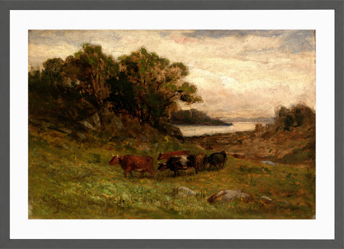 Edward Mitchell Bannister Print, Untitled (Five Cows by Trees and River) — dark grey frame