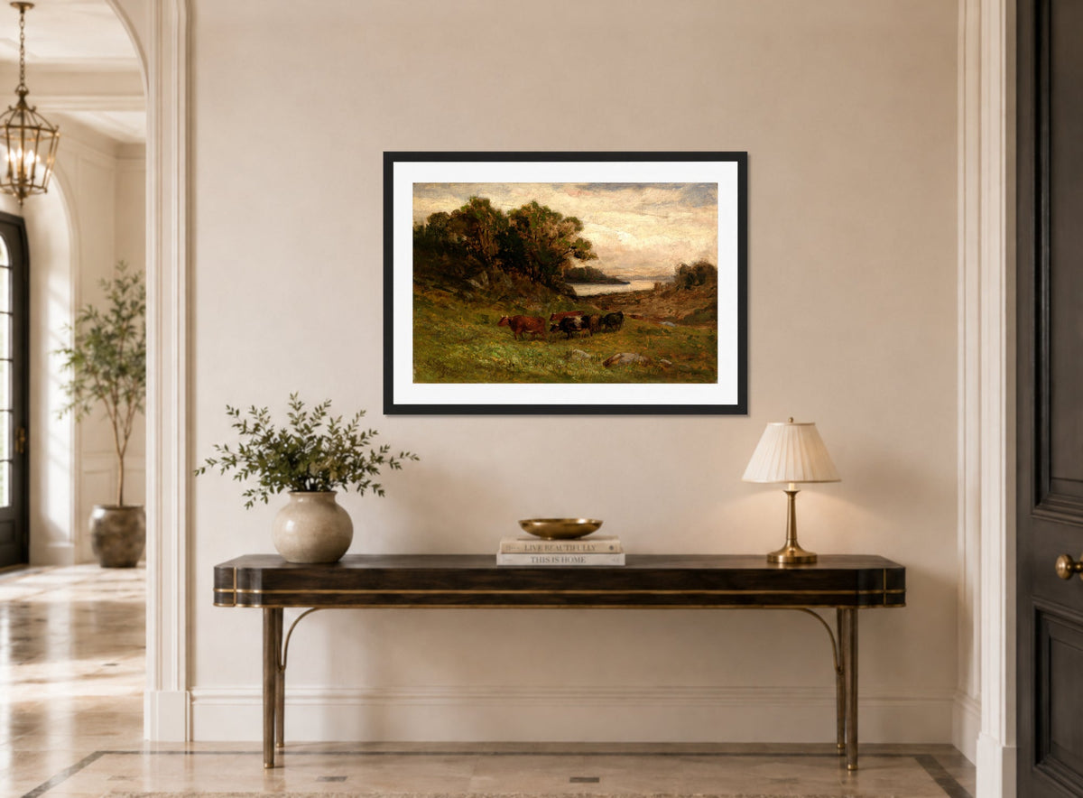 Edward Mitchell Bannister Print, Untitled (Five Cows by Trees and River) — hallway