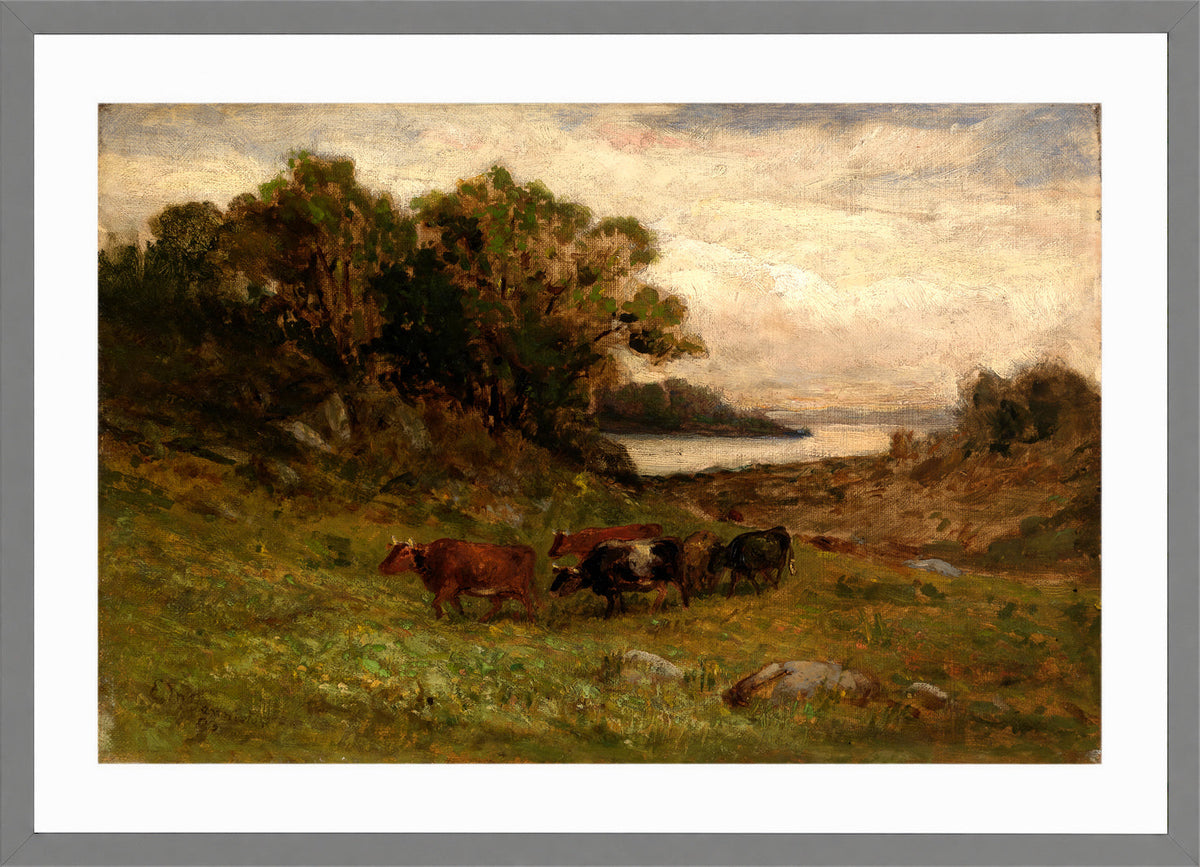 Edward Mitchell Bannister Print, Untitled (Five Cows by Trees and River) — light grey frame