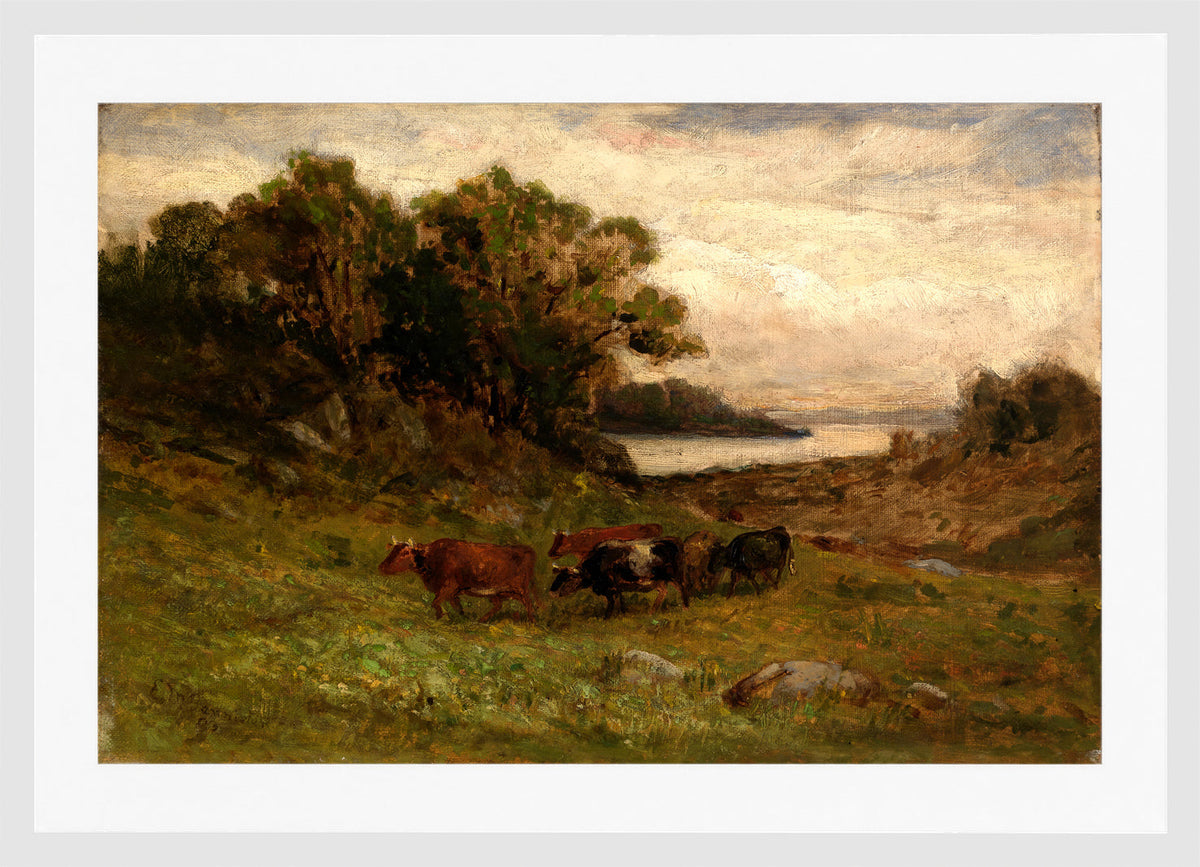 Edward Mitchell Bannister Print, Untitled (Five Cows by Trees and River) — white frame