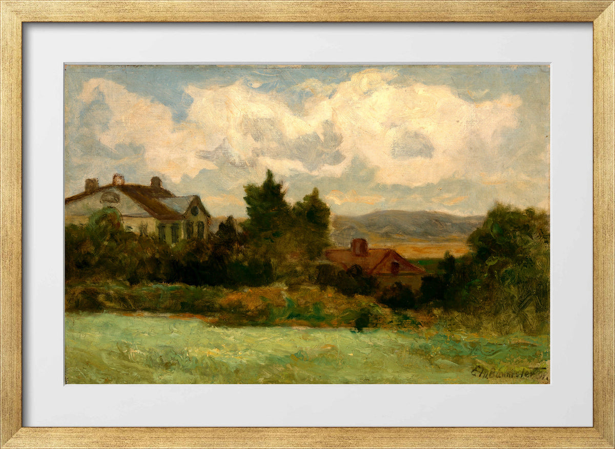 Edward Mitchell Bannister Print, Untitled (Houses and Trees) (1898) — gold frame
