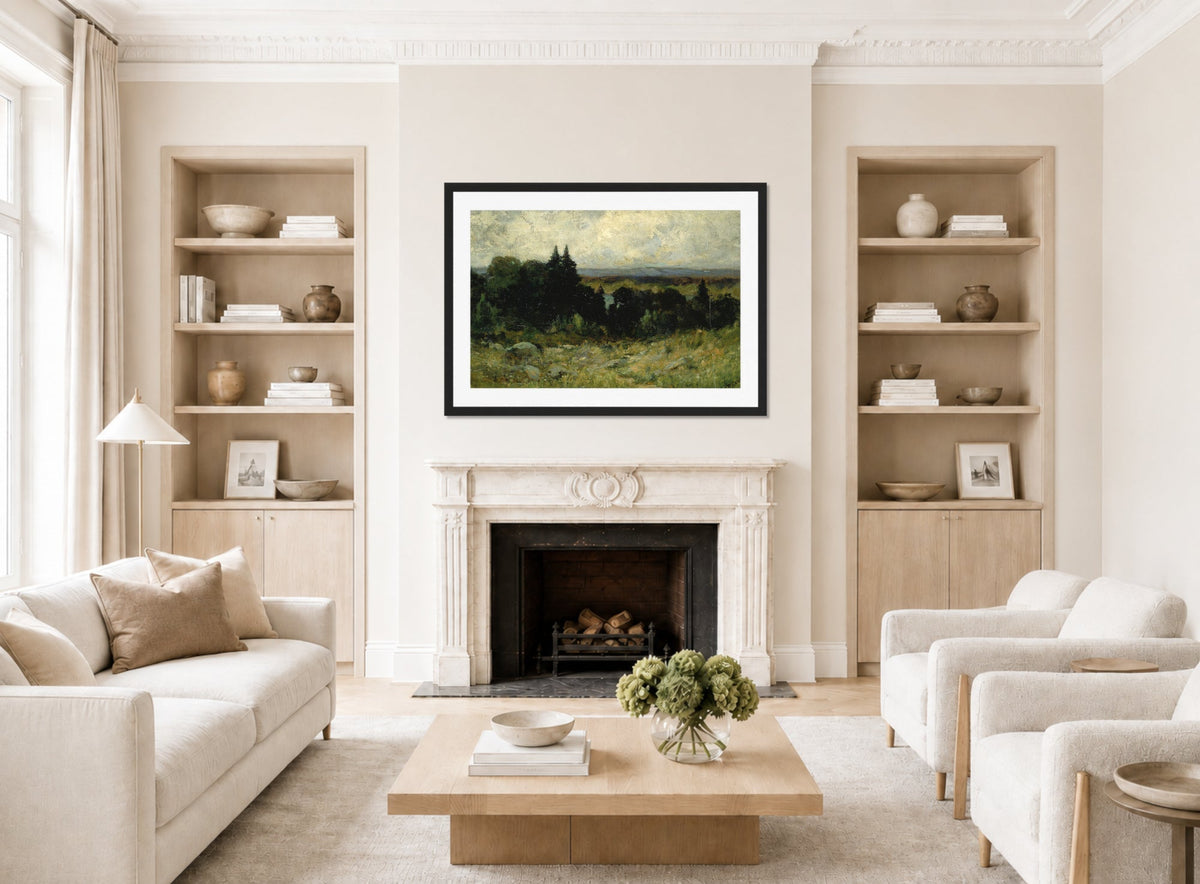 Edward Mitchell Bannister Print, Untitled (Fields with Rocks and Trees) (1893) — living room roomset