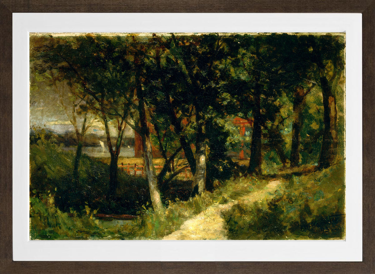 Edward Mitchell Bannister Print, Untitled (Forest with Red Fence and Building) (1893) — brown frame