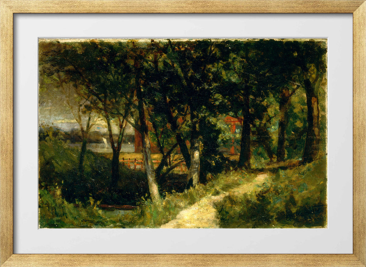 Edward Mitchell Bannister Print, Untitled (Forest with Red Fence and Building) (1893) — gold frame